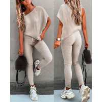 Chain Decor Top & High Waist Pants Set - Apricot