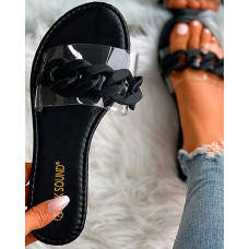 Chain Decor Transparent Strap Open Toe Flat Slippers - black