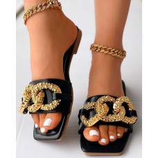 Chain Decor Wide Strap Summer Slippers - black