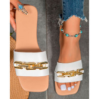 Chain Decor Wide Strap Summer Slippers - white