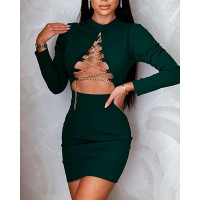 Chain Lace-up Cutout Front Bodycon Dress - green