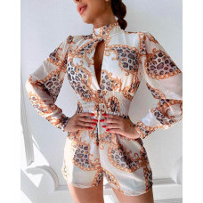 Chain Leopard Print Backless Shirred Waist Romper - white