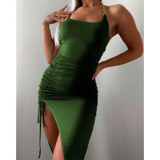 Chain Link Halter Drawstring Ruched Split Thigh Bodycon Dress - style1