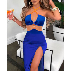 Chain Linked Cutout Halter High Slit Dress - blue