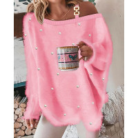 Chain Pearls Decor Cold Shoulder Fuzzy Top - pink