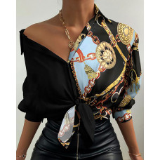 Chain Print Button Design Long Sleeve Shirt - Multicolor