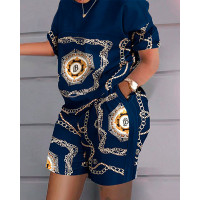 Chain Print Casual Top & Shorts Set - purplish blue