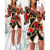 Chain Print Colorblock Turn-down Collar Buttoned Dress - red