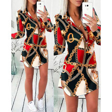 Chain Print Colorblock Turn-down Collar Buttoned Dress - red