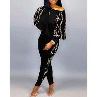 Chain Print Lantern Sleeve Top & Pants Set - black