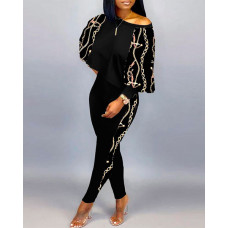 Chain Print Lantern Sleeve Top & Pants Set - black