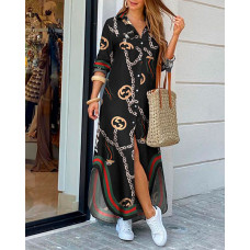 Chain Print Slit Buttoned Shirt Dress - black