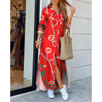 Chain Print Slit Buttoned Shirt Dress - red