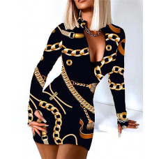 Chain Print Zip Front Long Sleeve Bodycon Dress - black