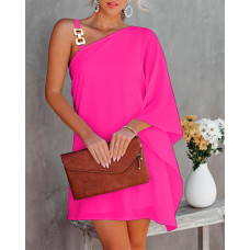 Chain Strap Asymmetrical Neck Casual Dress - rose red