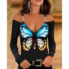 Chain Strap Butterfly Print Cold Shoulder Long Sleeve Top - black