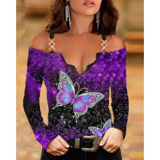 Chain Strap Butterfly Print Cold Shoulder Long Sleeve Top - purple