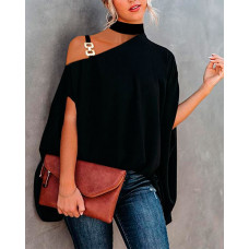 Chain Strap Cold Shoulder Cape Design Top - black