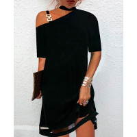 Chain Strap Cold Shoulder Contrast Mesh Casual Dress - black