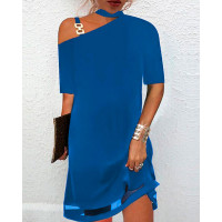 Chain Strap Cold Shoulder Contrast Mesh Casual Dress - blue