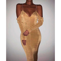 Chain Strap Cold Shoulder Party Dress - khaki