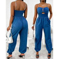 Chain Strap Cutout Shirred Jumpsuit - blue