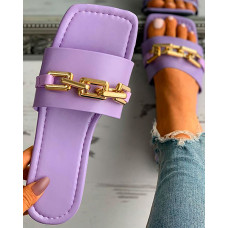 Chain Strap Deocr Square Toe Flat Slippers - purple