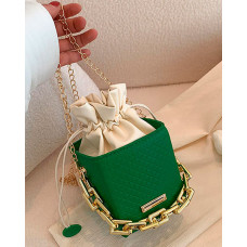 Chain Strap Drawstring Bucket Crossbody Handbag - green