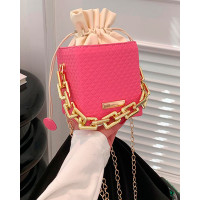 Chain Strap Drawstring Bucket Crossbody Handbag - pink