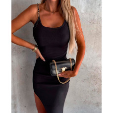 Chain Strap High Slit Bodycon Dress - black