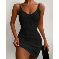 Chain Strap Knit V-Neck Bodycon Dress - black