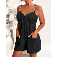 Chain Strap Pocket Design Knotted Casual Romper - black