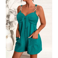 Chain Strap Pocket Design Knotted Casual Romper - dark green