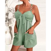 Chain Strap Pocket Design Knotted Casual Romper - green