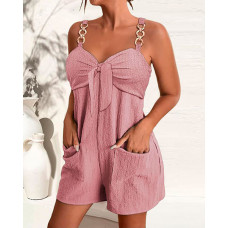 Chain Strap Pocket Design Knotted Casual Romper - pink