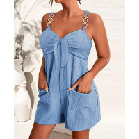 Chain Strap Pocket Design Knotted Casual Romper - sky blue