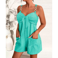 Chain Strap Pocket Design Knotted Casual Romper - turquoise blue