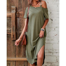 Chain Strap Slit Casual Dress - Army green