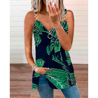 Chain Strap Zipper Decor Tropical Print Tank Top - green