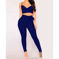 Checked Print Spaghetti Strap Crop Top And Pants Set - black