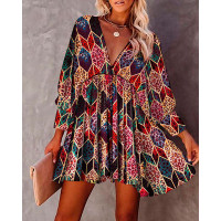 Cheetah Geo Print Lantern Sleeve Swing Dress - Multicolor