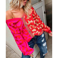 Cheetah Pattern Print Colorblock Button Decor Cardigan - hot pink