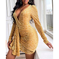 Cheetah Pattern Ruffles Long Sleeve Backless Dress - yellow