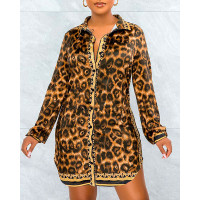 Cheetah Print Colorblock Button Front Shirt Dress - brown