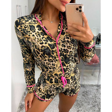 Cheetah Print Contrast Binding Drawstring Pajamas Set - Leopard