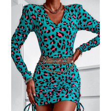 Cheetah Print Drawstring Ruched Bodycon Dress - blue