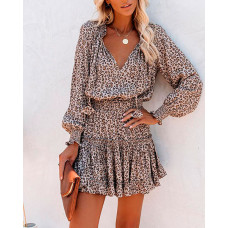 Cheetah Print Ruffles Long Sleeve Dress - Leopard