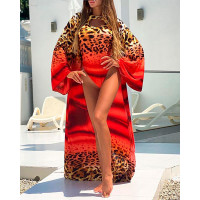 Cheetah Print Sleeveless One Piece Swimsuit With Cover Up - red