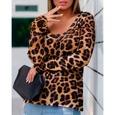 Cheetah Print U-Neck Long Sleeve Top - Leopard