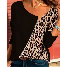 Cheetah Print Zipper Front Long Sleeve Casual Top - black